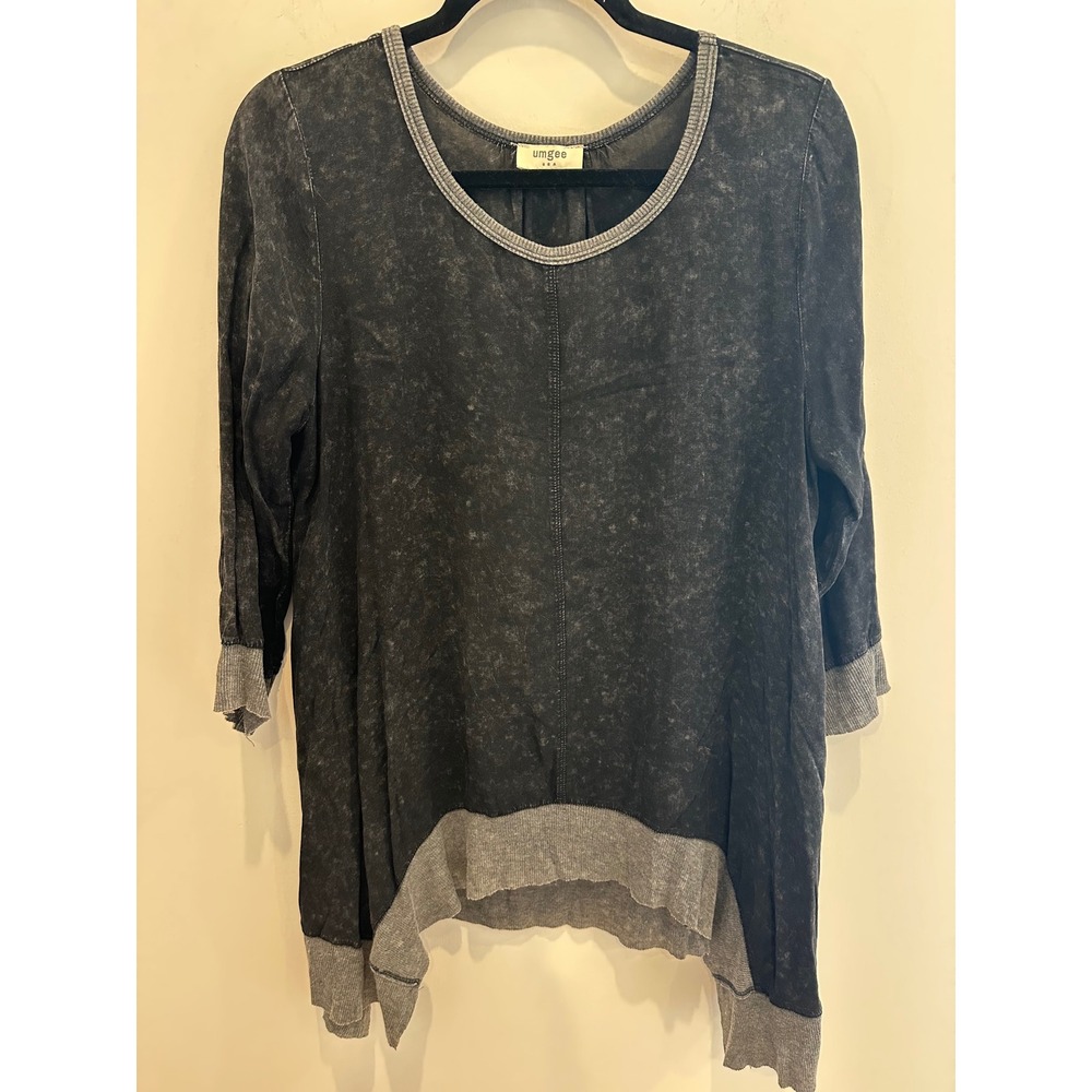 Umgee Charcoal Grey Acid Wash Tunic Top 3/4 Sleeve High Low Boho M A2530